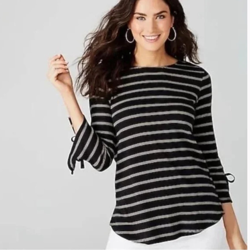 J.Jill Pima Tie-Sleeve Black White/Tan Striped Tee - M